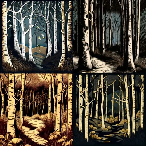 /imagine prompt woodcut birch forest --q .25
