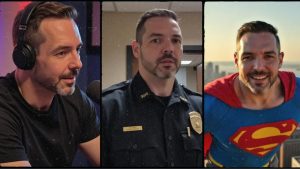 Ich in verschiedenen Rollen: Moderator, Polizist, Superman