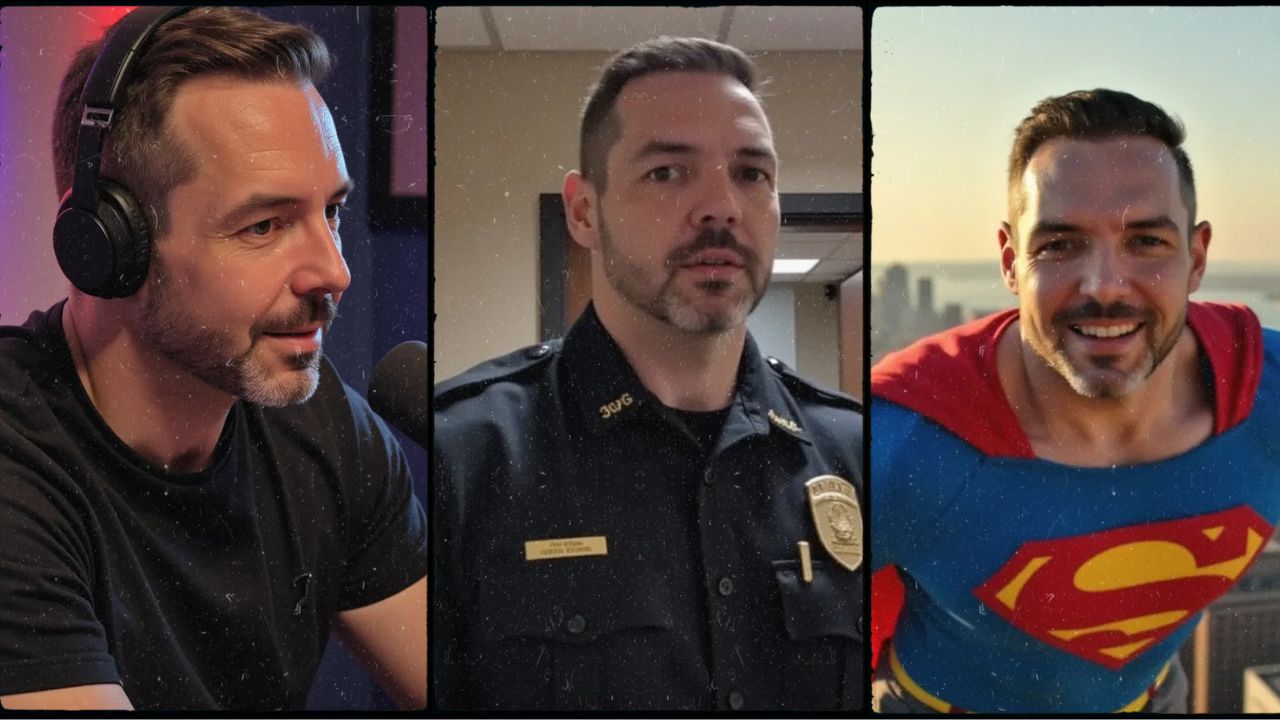 Ich in verschiedenen Rollen: Moderator, Polizist, Superman